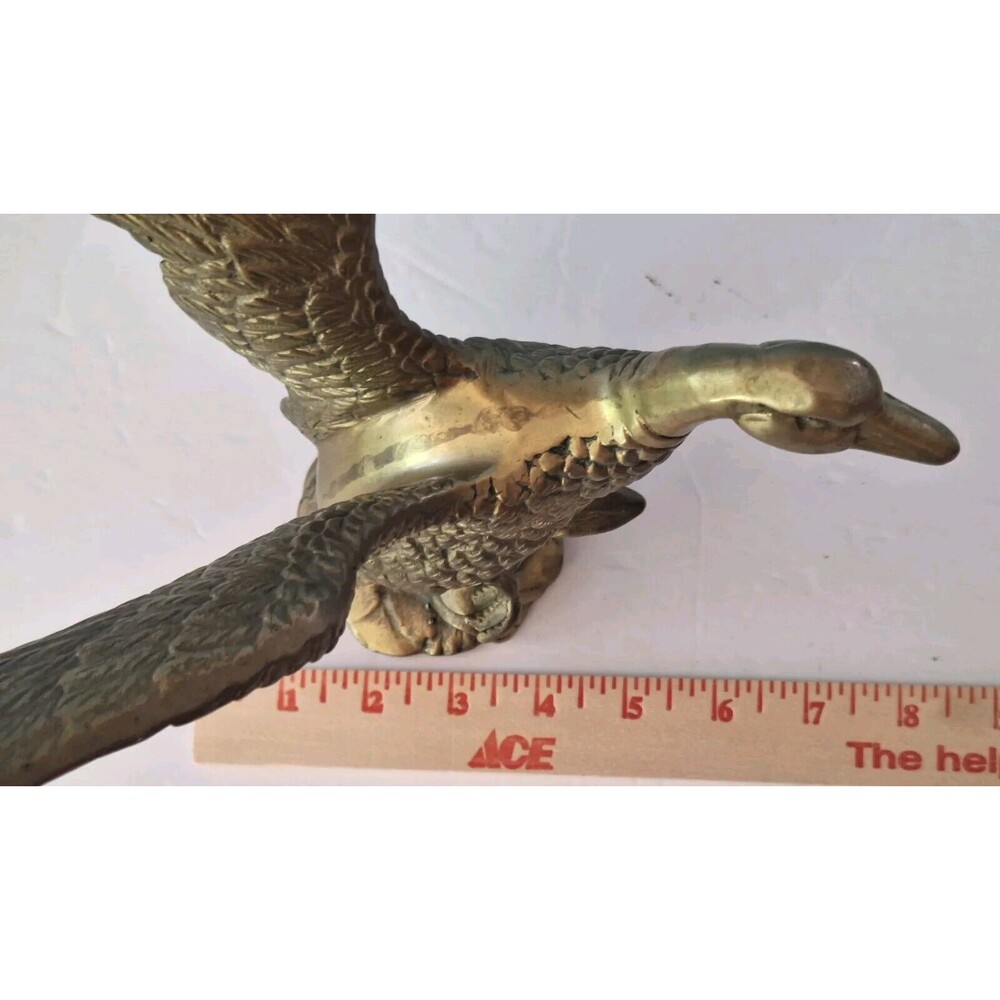 VTG Heavy Solid Brass Duck Fowl Taking Flight Sculpture Nice Patina & Detail - Picture 14 of 14
